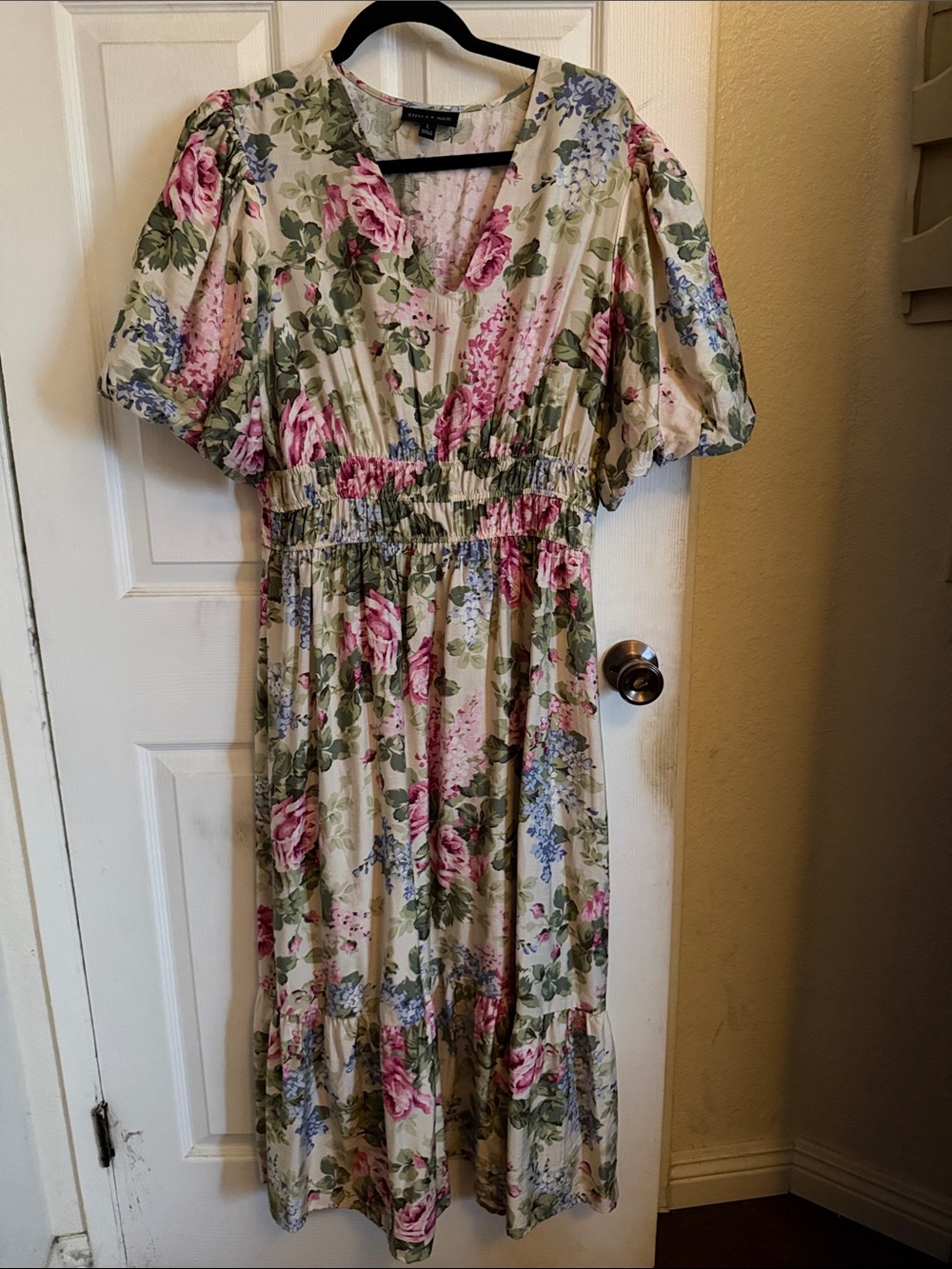 Smocked V-Neck Midi Dress in Cream with Pink & Green Floral